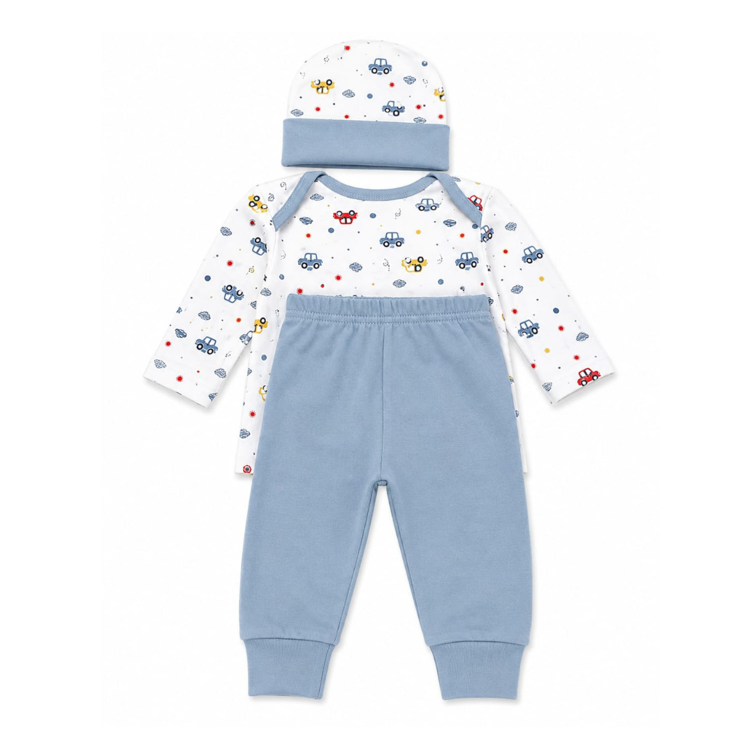 Baby Car Print 3-Piece Cotton Outfit Set