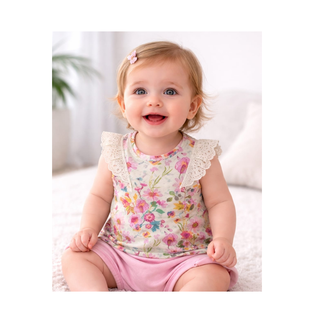 Baby Girls Floral Ribbed Top with Lace Frill Collar made by Bangladesh