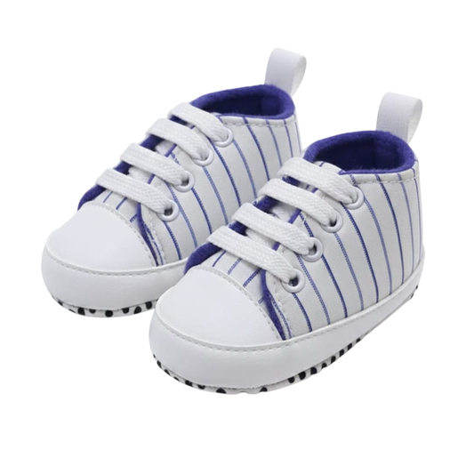 Little Steps Striped Baby Sneakers – White & Blue